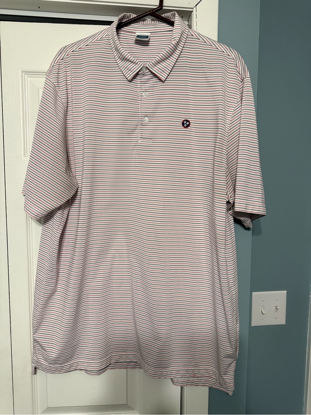 Striped Polo Shirt - White with Red & Blue Stripes Volunteer Traditions